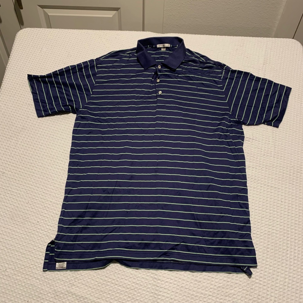 Peter Millar Mens XXL Navy Lime Green Striped Cotton Short Sleeve Polo Shirt